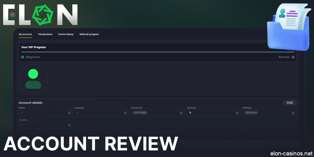 The main features of Elon Casino user account
