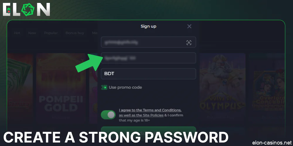 Create a strong password on Elon Casino