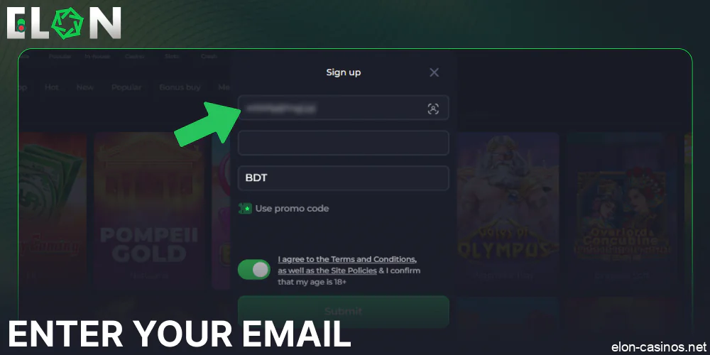 Enter your email on ElonBet website