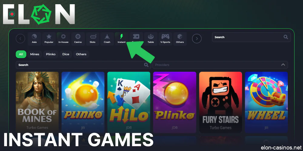 Instant games available on Elon Casino for players from Bangladesh