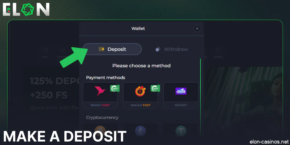 Make a deposit on Elon Casino